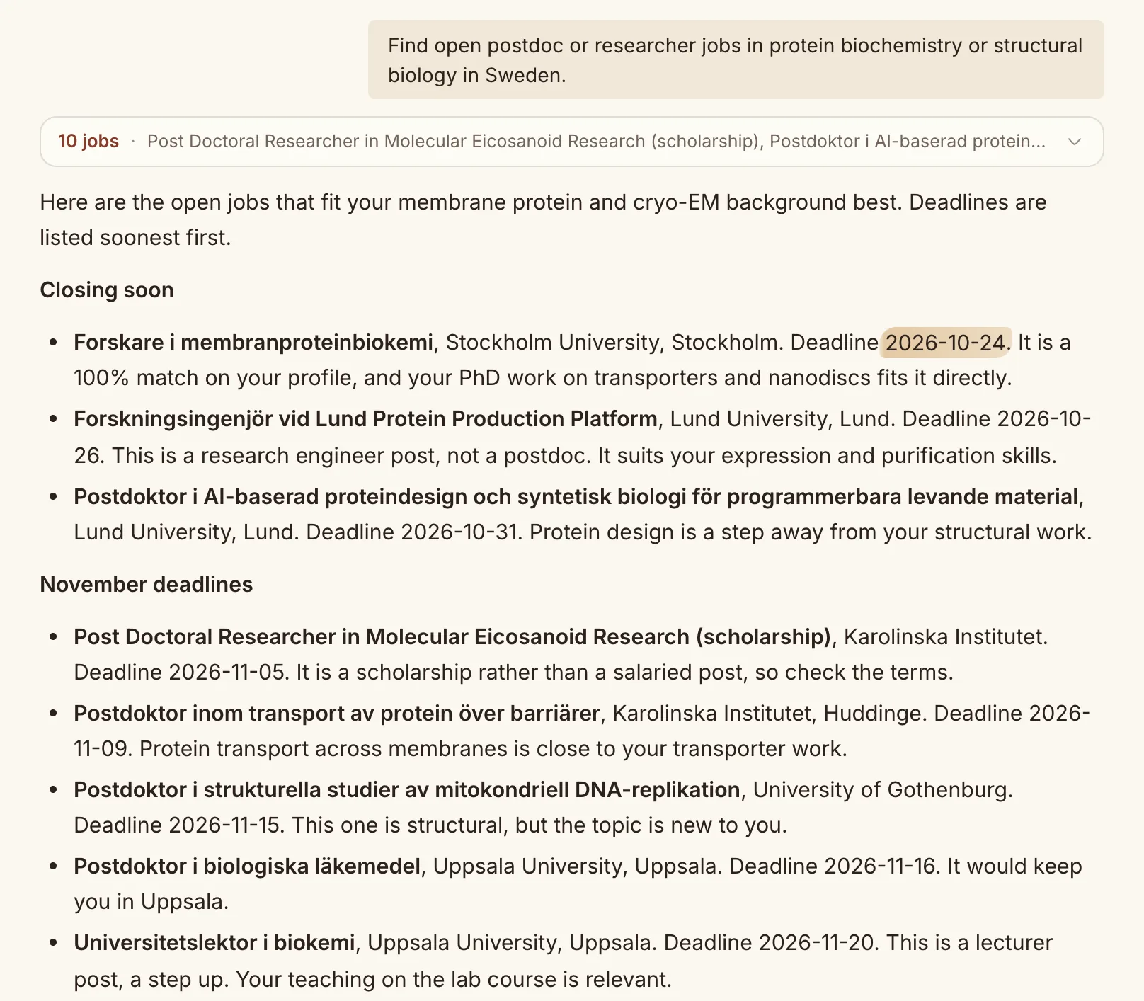 A chat reply listing open postdoc and researcher jobs in Sweden with employers, deadlines and why each fits.
